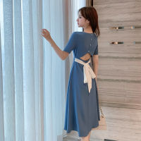 2021Summer Women Elegant Hollow Out Waist Belted Dress Female Casual Vintage Slim Square Collar Midi Dress Temperament Dress