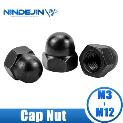 NINDEJIN 3-40Pcs น็อตครอบ Nut M3 M4 M5 M6 M8 M10 M12เหล็กคาร์บอนดำโดมฝาครอบหัวน๊อตบน Nuts