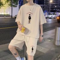 【Hot Sale】 Waffle short-sleeved suit mens summer casual Kong style handsome set of sports clothes with thin section