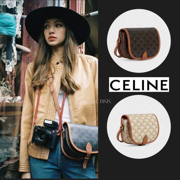 CELINE MEDIUM FOLCO BAG IN TRIOMPHE CANVAS AND CALFSKIN Lazada.co.th