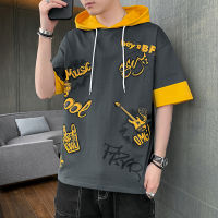 เสื้อยืดแขนสั้นฤดูร้อนผู้ชายมีฮู้ดเทรนด์ลำลองสำหรับวัยรุ่นพิมพ์ลายเสื้อนักเรียนแฟชั่นครึ่งแขน