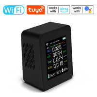 Tuya Wifi แบบพกพามีเตอร์วัดคุณภาพอากาศ7in1 PM2.5 CO2 TVOC HCHO AQI เครื่องวัดความชื้นและอุณหภูมิ2.8นิ้ว TFT สีคาร์บอนไดออกไซด์เม็ดเครื่องตรวจจับรองรับโทรศัพท์มือถือ APP ควบคุมฟังก์ชันปฏิทิน