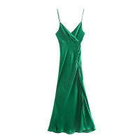 YENKYE Sexy Women Green Side Button Slits Slip Dress Fashion 2021 Ladies Cross V Neck Asymmetrical Party Long Dress Vestido