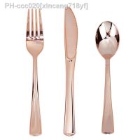 18Pcs Rose Gold Plastic Disposable Tableware Dessert Knives Forks Spoon Wedding Birthday Party Decoration Supplies Cutlery Set