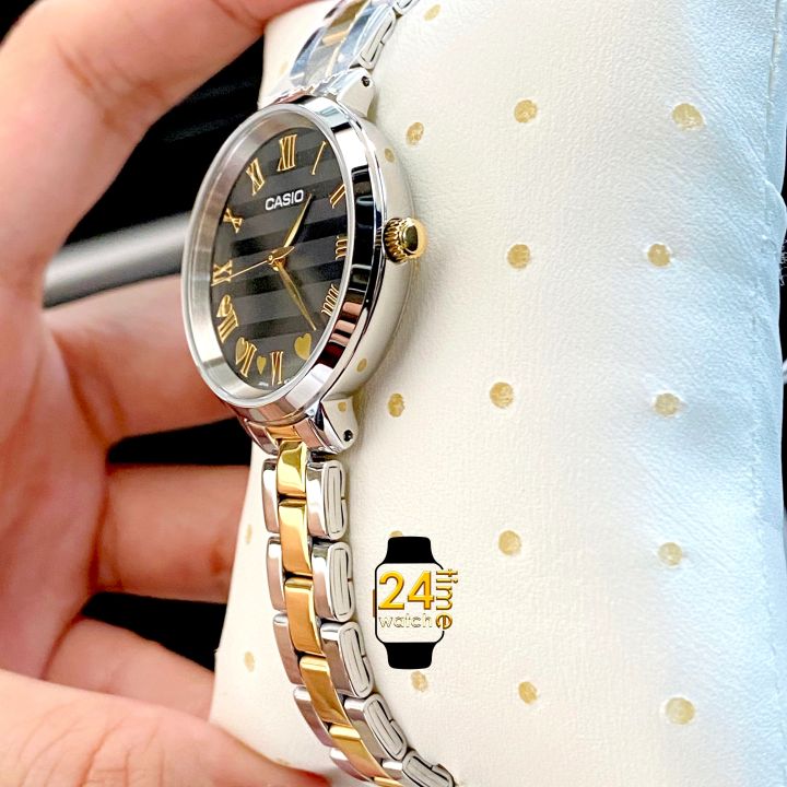 casioผู้หญิงแท้-นาฬิกาcasio-คาสิโอ-นาฬิกาแบรนด์เนมเลขโรมัน-สายสีทูโทนเงินกับทอง-นาฬิกาข้อมือแท้เท่านั้น-พร้อมประกัน