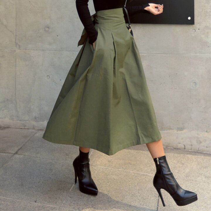 mexzt-high-waist-bow-skirts-women-korean-fashion-solid-big-swing-female-a-line-midi-skirts-elegant-all-match-slim-skirts