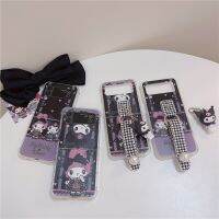 เคสโทรศัพท์หนังมุกลายการ์ตูน Kuromi Melody สำหรับ Samsung Galaxy Z Flip 4 3 Soft TPU สี่มุมกันกระแทกพร้อมจี้