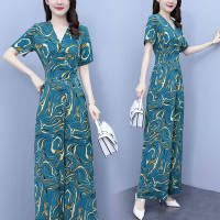 Y Fashion Women Elegant Korean Printing V-Neck Short Sleeve Tunic High Waist Wide-Leg Jumpsuit