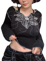 Sweetboxe 2023เสื้อครอปสำหรับผู้หญิง,เสื้อครอปแขนยาวที่ประดับคอลายดอกไม้สลิมฟิตใหม่