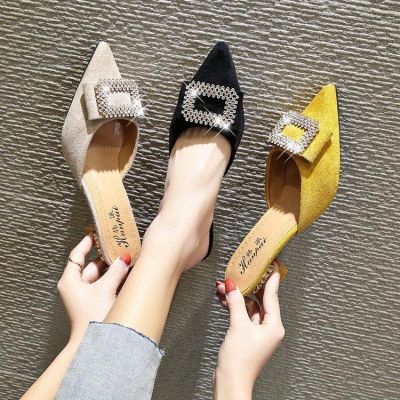 ■ Baotou Half Slippers Womens Outer Wear 2022 Summer New Style Fashion Square Buckle Rhinestone Sandals Stiletto