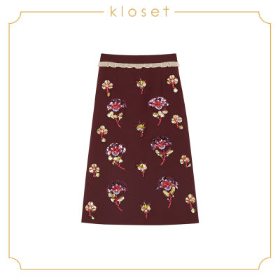 Kloset Jacquard Skirt With Ruffles Detail (AW18-S003) เสื้อผ้าแฟชั่น เสื้อผ้าผู้หญิง กระโปรงแฟชั่น กระโปรงทรงเอ กระโปรงปักลูกปัก