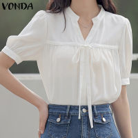 VONDA เสื้อรัดรูปแขนพองสั้นคอวีลำลองของผู้หญิงเสื้อนอกแบบสวมหัวพื้น (ลำลองเกาหลี)