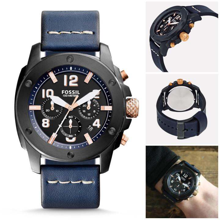 Fossil Modern Machine Chronograph Black Dial Blue Leather Quartz Men's Watch  FS5066 