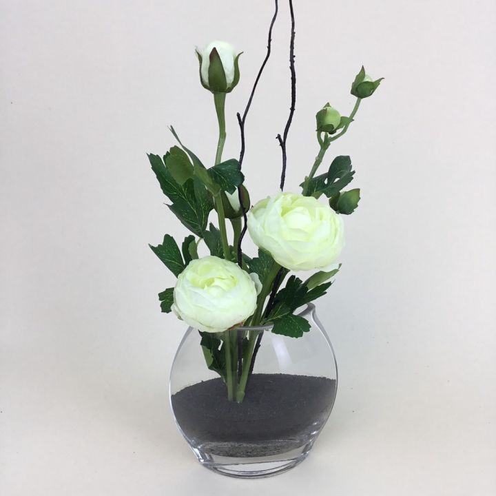 สุดปัง-แจกันดอกไม้ประดิษฐ์-ดอกรานันคูลัสจัดในแจกันแก้ว-ดอกไม้ปลอมพร้อมแจกัน-รหัส-2515