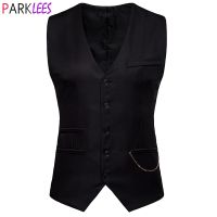 Mens Gentleman Formal Slim Fit Single Breasted Black Dress Suit Vests 2022 Fashion Chain Decoration Men Vest Waistcoat Gilet 2XL