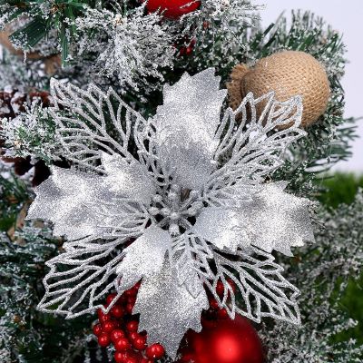 5/10pcs Glitter Artificial Flowers Merry Christmas Ornaments Christmas Tree Decorations for Home New Year Wedding Party Decor