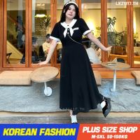 Plus size เสื้อผ้าสาวอวบ❤ เดรสสาวอวบอ้วน ไซส์ใหญ่ ผู้หญิง ยาว แขนสั้น คอปก สีดำ ฤดูร้อน สไตล์เกาหลีแฟชั่น V728