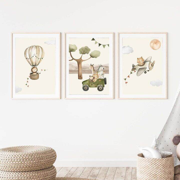 การผจญภัย-safari-hot-air-บอลลูนเครื่องบินรถเนอสเซอรี่-wall-art-ภาพวาดผ้าใบ-nordic-โปสเตอร์และพิมพ์ภาพ-kids-room-decor