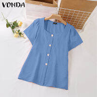 MASHYCHIC VONDA เสื้อเบลาส์แขนสั้นคอวีประดับกระดุมสีทึบลำลอง (ลำลองสไตล์เกาหลี) #2