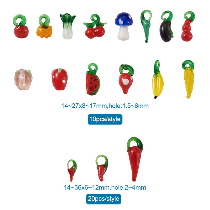 200pcs-handmade-lampwork-beads-mixed-fruit-vegetables-charms-pendants-mushroom-cherry-strawberry-banana-apple-hot-pepper-charms