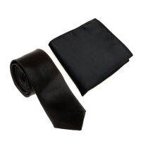 Unisex Casual Necktie Skinny Slim Narrow Neck Tie - Black &amp; Mens Pocket Hanky Plain Color Square Hankerchief (Black)