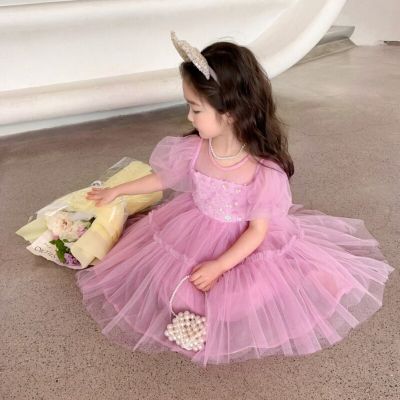 Girls Summer Dress New Childrens Clothing Childrens Puffy Sequin Mesh Dress Toddler Kids Girl Princess Dresses