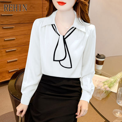 REHIN ผู้หญิงฤดูใบไม้ร่วงใหม่เวอร์ชั่นเกาหลีออกแบบเสื้อแขนยาวเก๋คอวี Eleganr เสื้อ