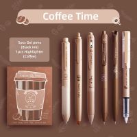 6pcs Coffee Time Gel Pens Highlighter Set 0.5mm Ballpoint Black Color Ink Coffee Marker for Writing A7439