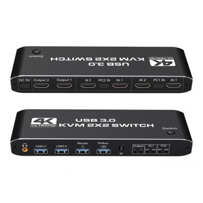 มอนิเตอร์สองจอ HDMI-สวิตช์ KVM ขยายจอแสดงผล4K 60Hz 2X 2 USB สลับ3.0 2เข้า2ออกสำหรับ2ใช้คอมพิวเตอร์แล็ปท็อป
