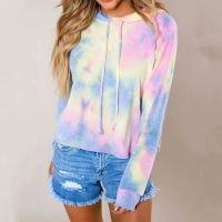 Womens Fashion Casual Loose Print Tie-dyed Long Sleeve Hoodie Sweater Top Oversize Sweatshirt Print Cute Color Patchwork with Pocket