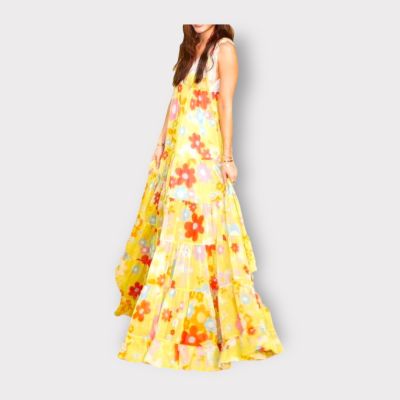P007-083 - PIMNADACLOSET - Long Sleeve Crop Top And Deep V Tie Shoulder Floral Print Chiffon Tiered Long Dress Set