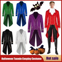 Halloween Tuxedo Costume Mens Gothic Jacket Medieval Vintage Steampunk Tailcoat Gold Trim Long Coat Masquerade Party Cosplay