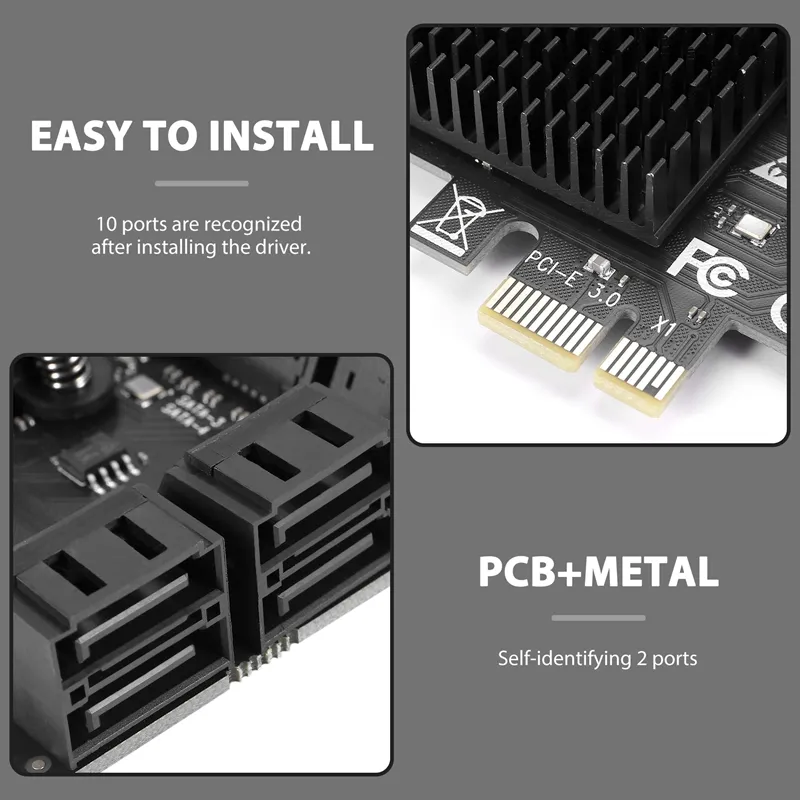 10 Port SATA  to PCIe X1 Expansion Card PCI Express SATA Adapter SATA3  6G Converter with Heatsink for Windows 