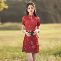 สไตล์จีน Cheongsam แบบดั้งเดิม R สีแดง Qipao ผู้หญิง Elegant Mini Dress หญิงดอกไม้ Bodycon Party Cheongsam