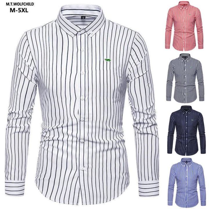 M-5Xl Men'S Shirt Business Brand Design Embroidery- Logo Casual Striped  Blouse Hommes Clothing Male Fashion Slim Dress Shirts | Lazada.Vn