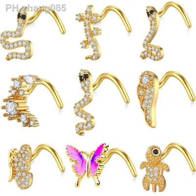 1Piece 20G Stainless Steel S Shaped Nose Studs Nose Ring Gold Color Zircon Butterfly Snake Screw Nose Stud Nose Piercing Jewelry