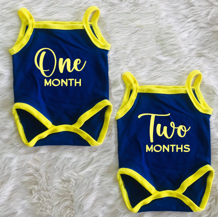 Yellow Blue Sleeveless Baby onesie monthly milestone design 2 for girls