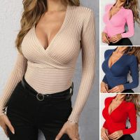 【Ready】Deep V Neck Long Sleeves Ribbed Waist Tight Bottoming Blouse Autumn Winter Solid Color Elastic Slim Pullover Top Female Clothing