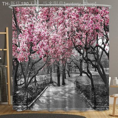 【CW】✔✙❃  Pink Gray Flowers Shower Curtain Blossoms Park Floral Trees Road Landscape Scenic