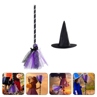 ETEREAUTY 1 ชุด Masquerade Hat Broom Prop Halloween Party Cosplay Witch Broom เครื่องแต่งกายอุปกรณ์เสริม