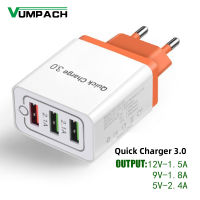 Wall Charger Adapter 3พอร์ต Quick Charge 3.0 Micro USB Fast Data Sync Charger Cable สำหรับ Samsung Xiaomi USB Charger