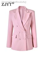 ✒●◕ sdeifhruhvfu ZJYT-blazers de peito duplo para mulheres jaqueta colarinho entalhado outerwear rosa senhora do escritório tops femininos casaco outono e inverno