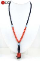 Qingmos 10*42Mm Olivary Shape Natural Black Agate Pendant Necklace For Women With 6Mm Red Round Beads Long Necklace 22