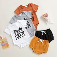 Newborn Girls Boys Outfits Cousin Crew Letter Printed Romper SweatShirt Top Drawstring Short Summer Clothes Sets  by Hs2023