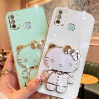 Folding Makeup Mirror Phone Case For Infinix Tecno Spark 6 Go Spark Go 2020 2021 KE5j KE5k  Case Fashion Cartoon Cute Cat Multifunctional Bracket Plating TPU Soft Cover Casing