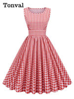 KKTonval Gingham 50วินาที Pinup Rockabilly ชุดผ้าฝ้ายสำหรับผู้หญิง2022 O-คอแขนกุดเอวสูงลายสก๊อตจีบวินเทจ Dressq11