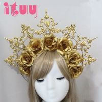 Handmade Sun Goddess Gold Rose Headband Baroque Spiked Crown Headpiece Gothic Lolita Baroque KC Punk Cosplay Costume Accessories