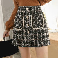 T Skirts Women Autumn Winter Pearl Button Mini Pencil Skirts Plaid Wool Skirts Korean High Waist Elegant T Ladies Skirt