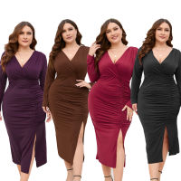 5XL แขนยาวสีทึบคอวีตัดสะโพกกระโปรง Slit ยุโรปเซ็กซี่ Slimming Dress Plus ขนาดงานแต่งงานชุดราตรี