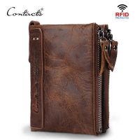 CONTACTS HOT Crazy Horse Cowhide Leather Men Wallet Short Coin Purse Small Vintage Wallets Brand High Quality Designer